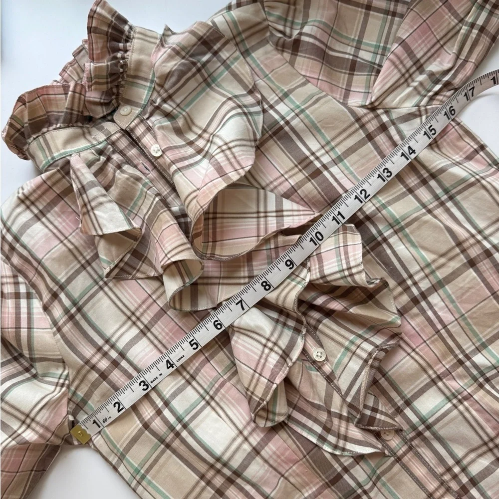 Ralph Lauren Ruffle Collared Button Down Beige Pink Plaid Blouse Petite - Picture 7 of 8